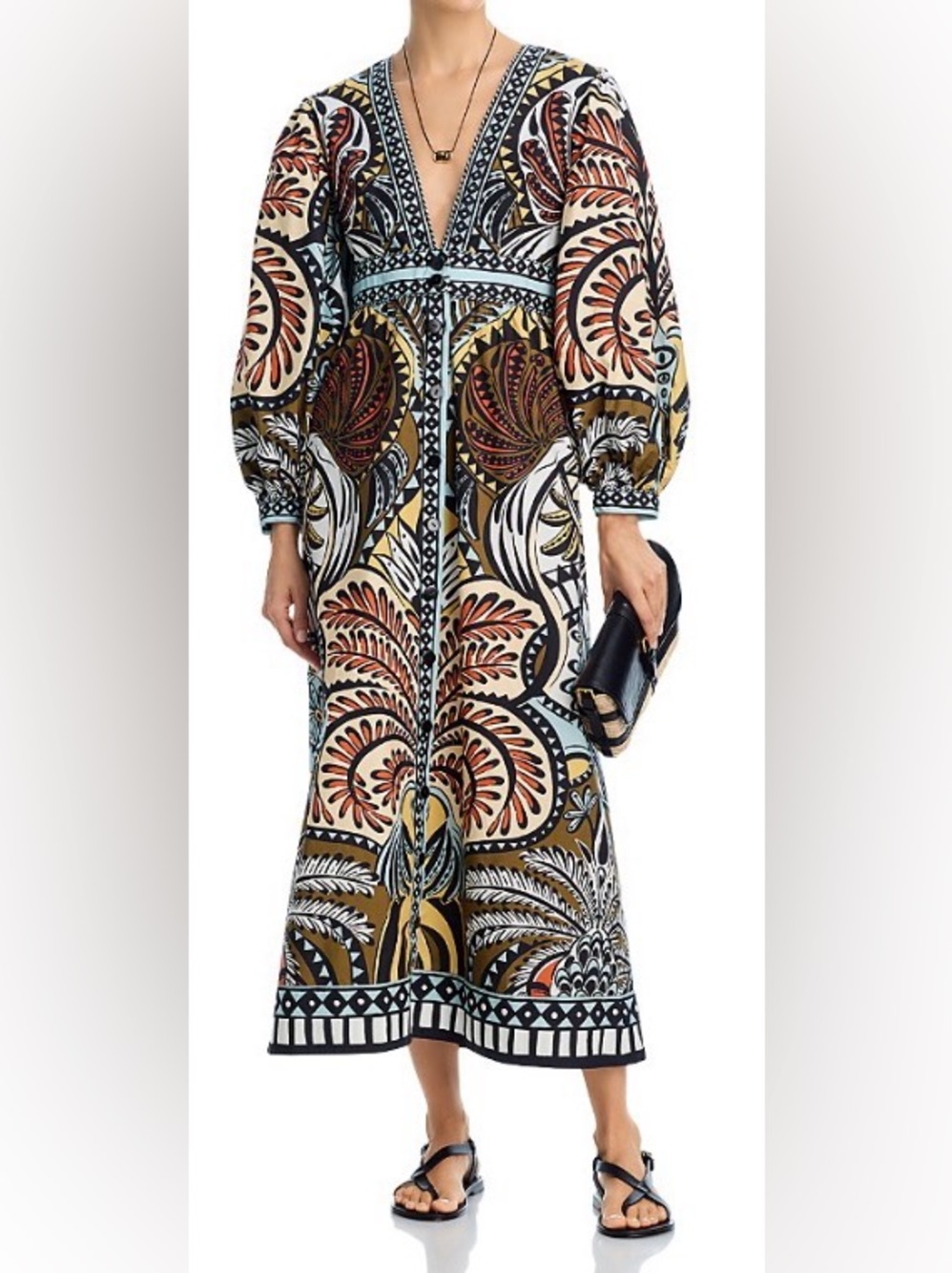 FARM Rio Warm Blue /Tan Multi Long Volume Sleeve Maxi Dress: Small - Picture 3 of 16